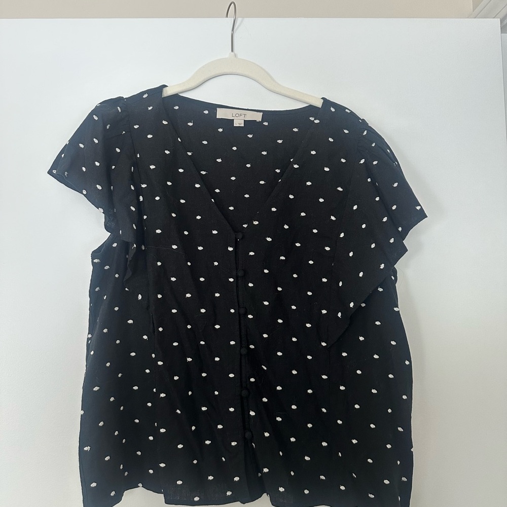 LOFT Black Blouse with Rounded Neckline and Short Sleeves